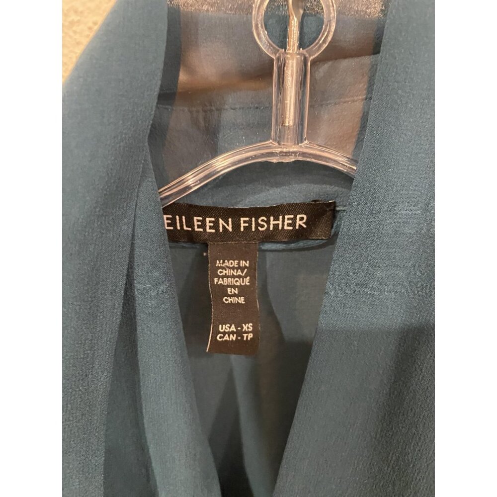 Eileen Fisher Tie Neck Tunic Shirt Womens XS Blue Sheer Button Blouse Top - Picture 3 of 4
